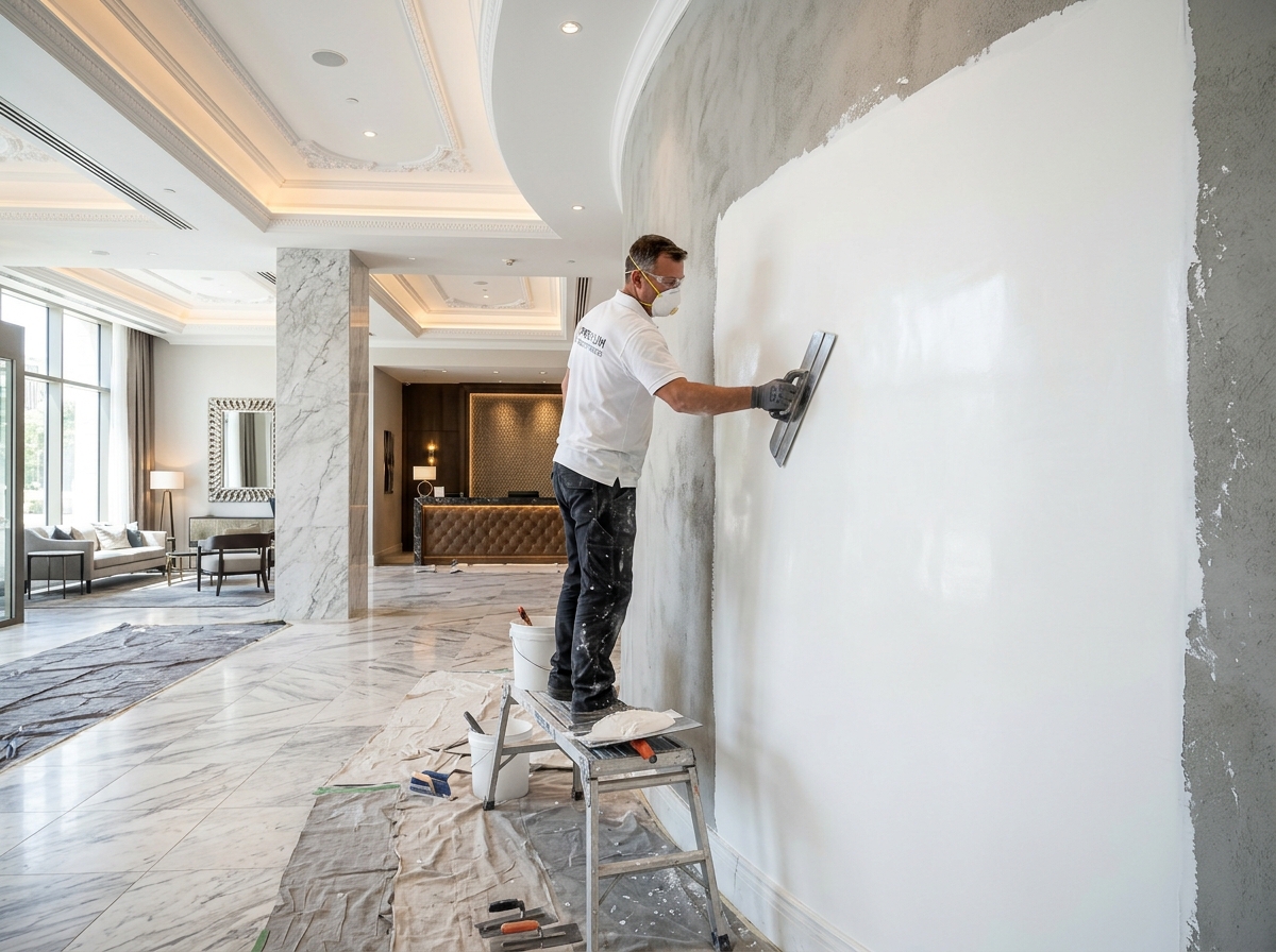 Professional applying Rasi POP on luxury hotel lobby wall