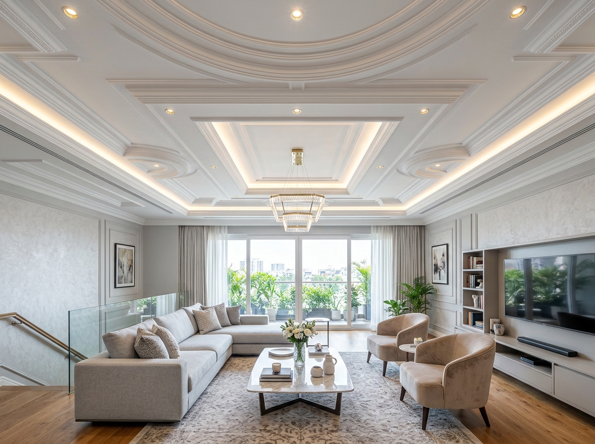 Elegant POP false ceiling with recessed lighting in luxury living room